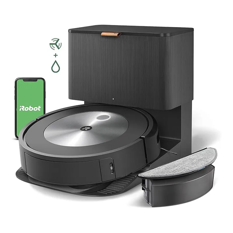 Робот-пилосос iRobot Roomba j5+ з функцією самоочищення та миття підлоги на білому тлі