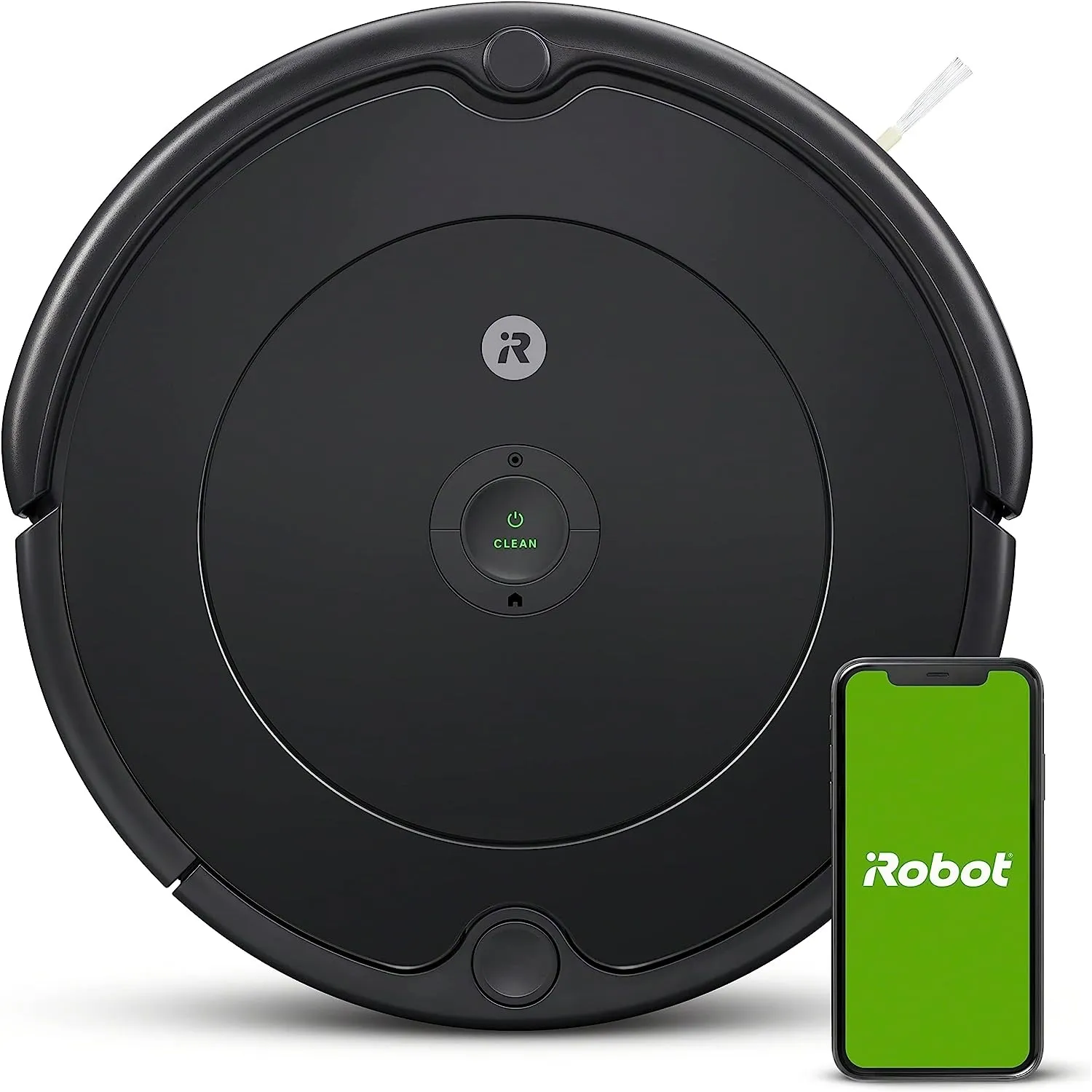 Робот-пилосос iRobot Roomba 694 та телефон з додатком на білому тлі